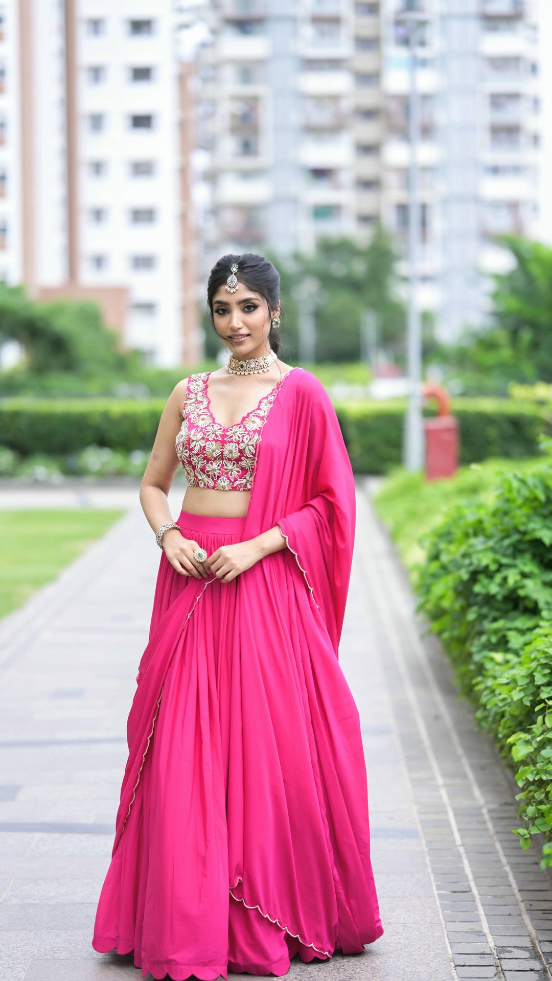 Hot Pink Floral Embroidered Lehenga with Scallop Dupatta