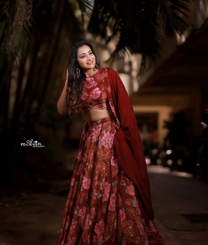 Deep Red Floral Tissue Lehenga