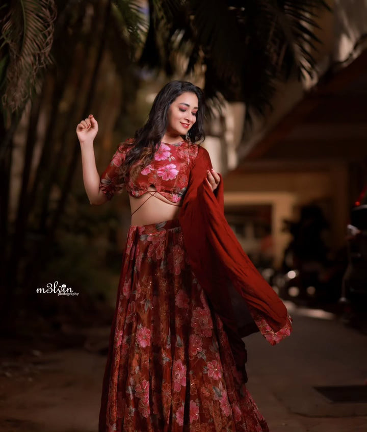 Deep Red Floral Tissue Lehenga