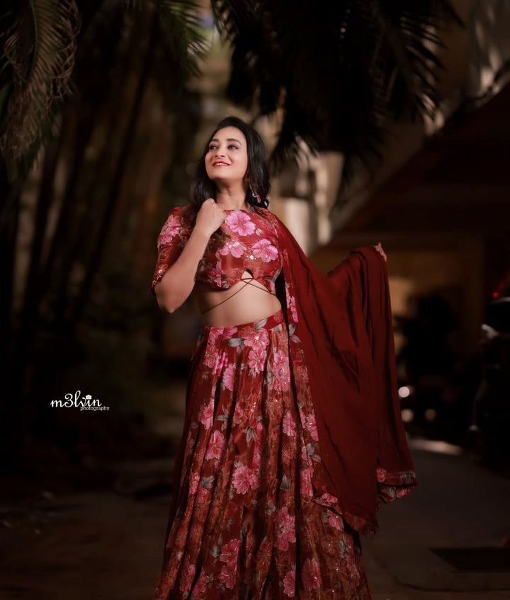 Deep Red Floral Tissue Lehenga