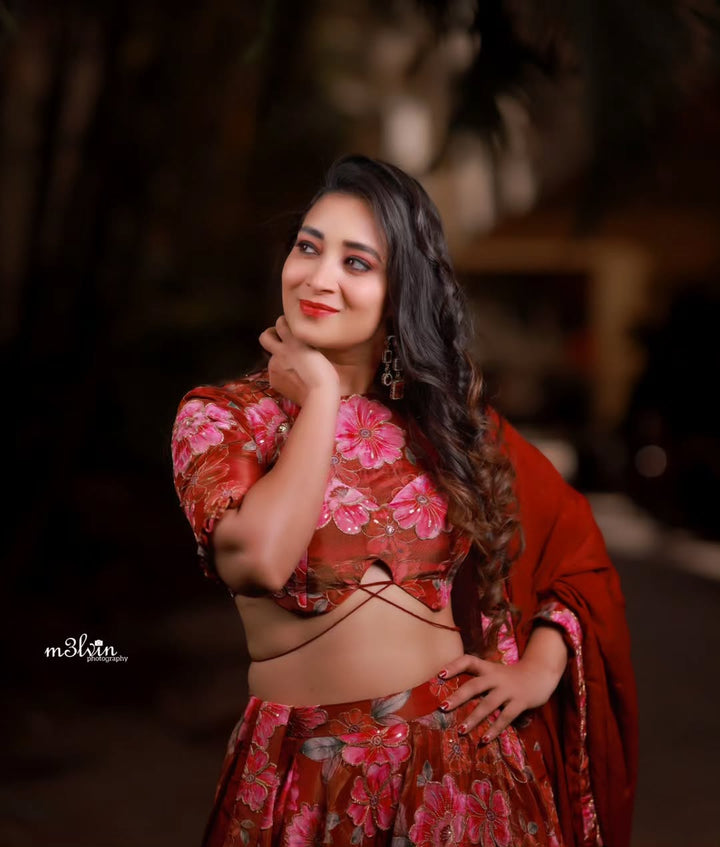 Deep Red Floral Tissue Lehenga