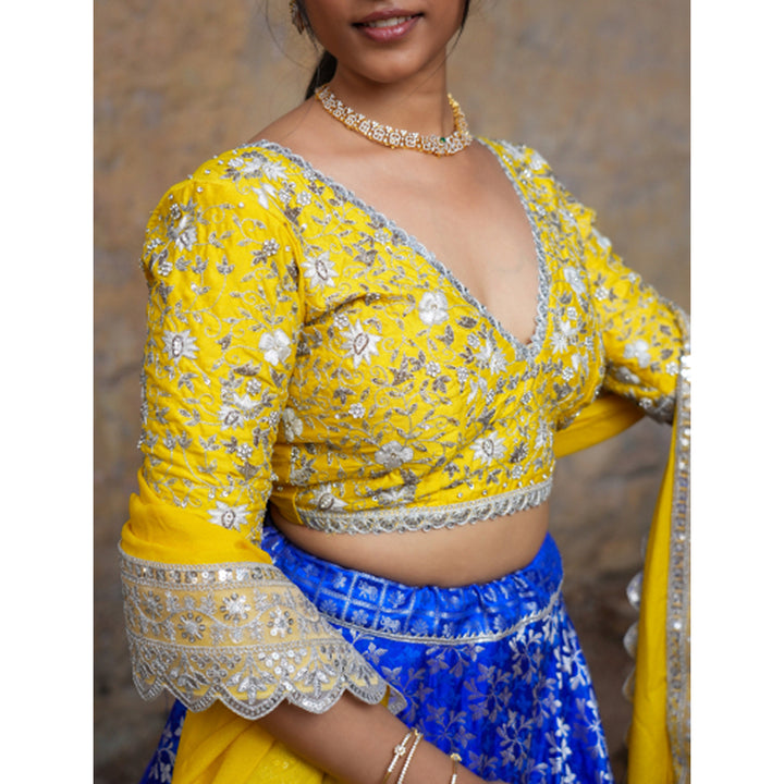 Blue and yellow embroidery Benares lehenga