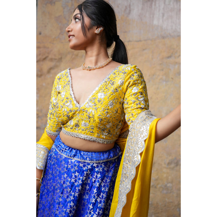 Blue and yellow embroidery Benares lehenga