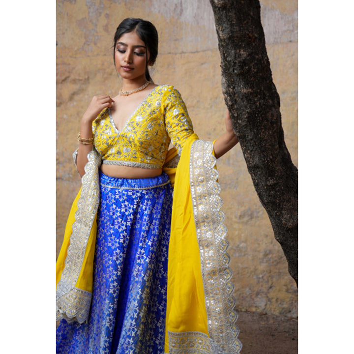 Blue and yellow embroidery Benares lehenga