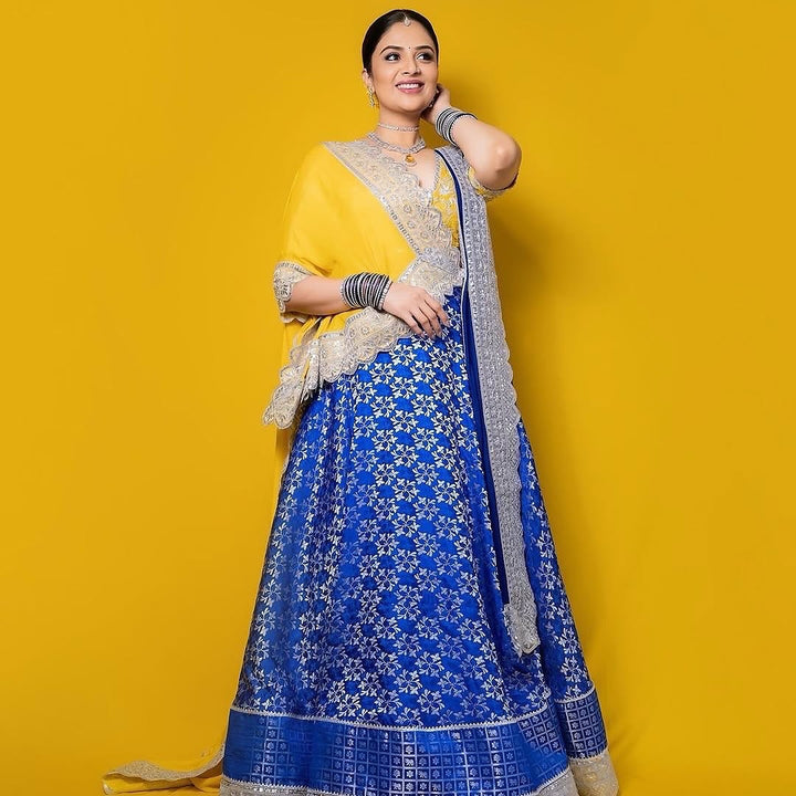 Yellow and Blue Embroidery Benaras lehenga
