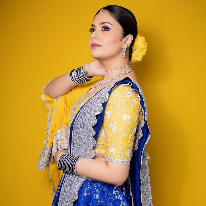Yellow and Blue Embroidery Benaras lehenga