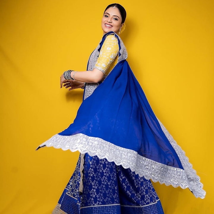 Yellow and Blue Embroidery Benaras lehenga