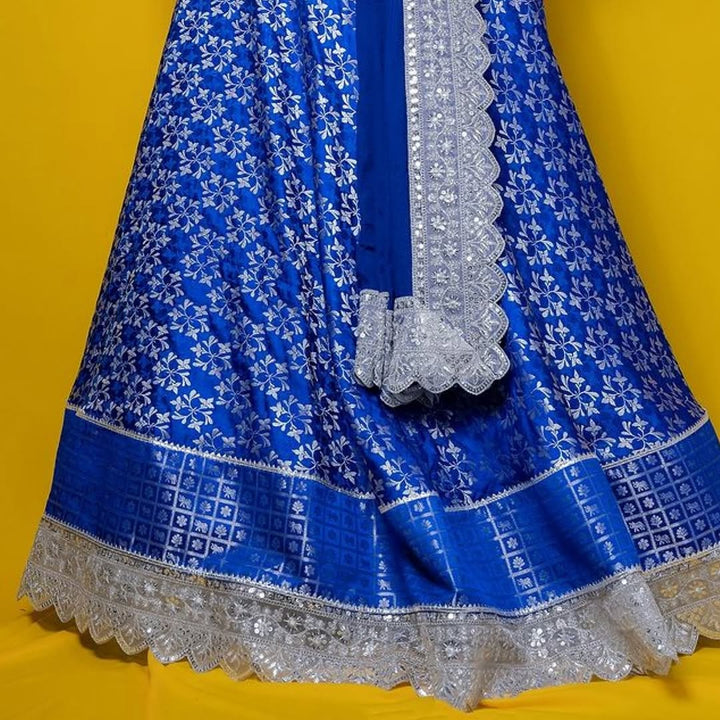 Yellow and Blue Embroidery Benaras lehenga