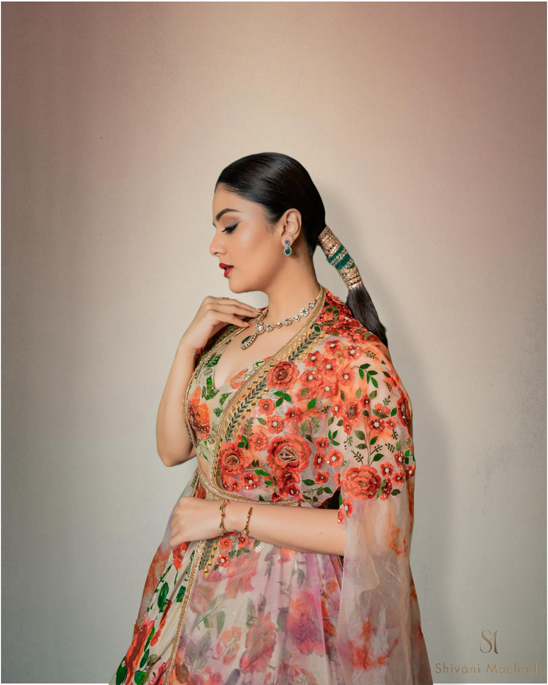 Tissue floral embroidery lehenga