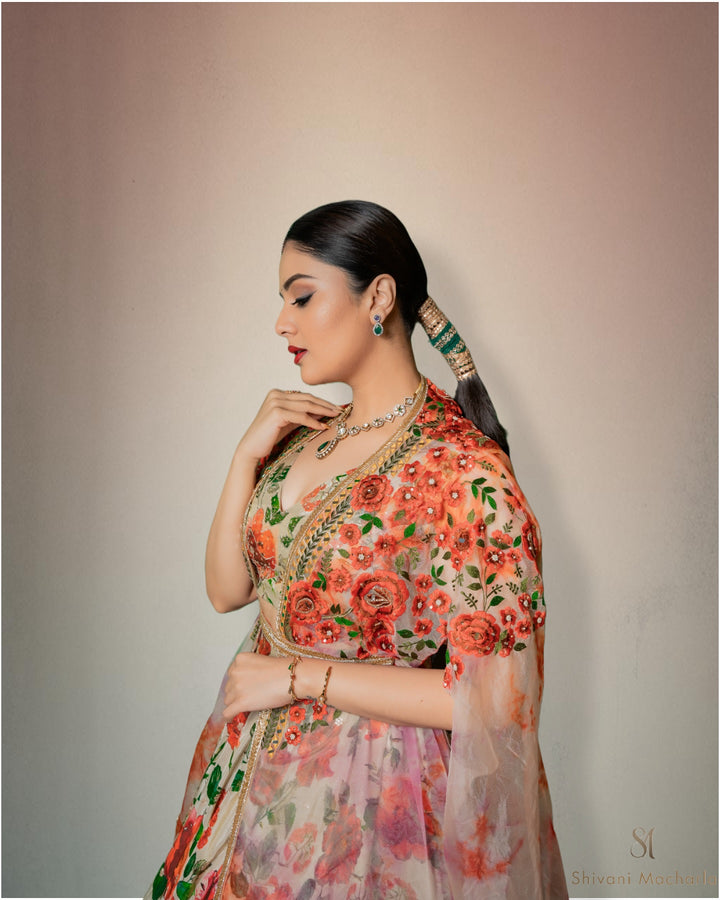Tissue floral embroidery lehenga