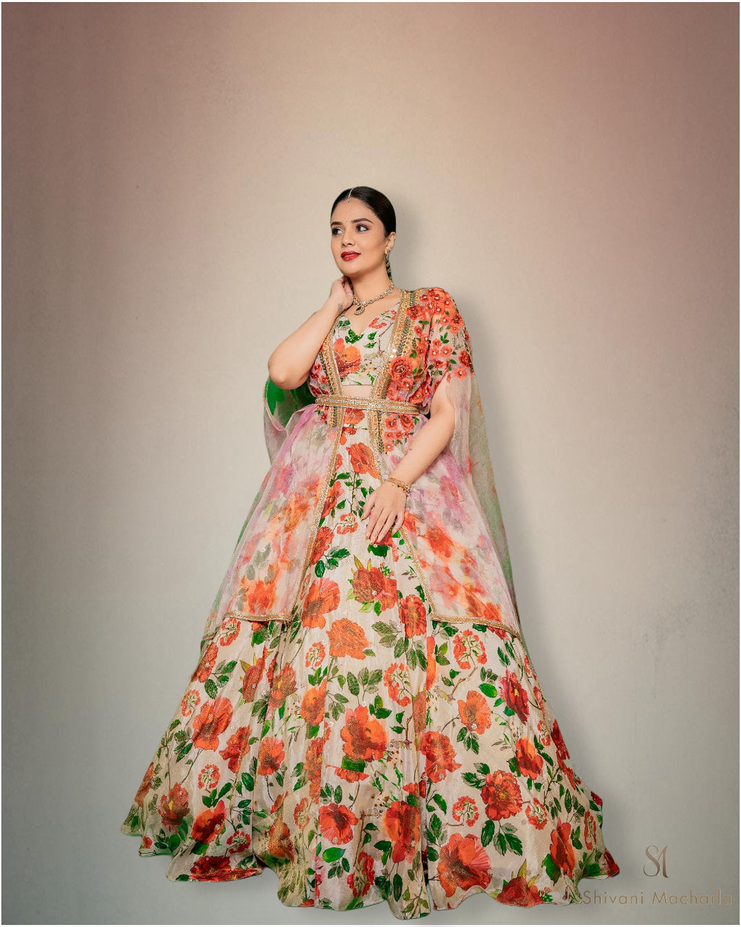Tissue floral embroidery lehenga