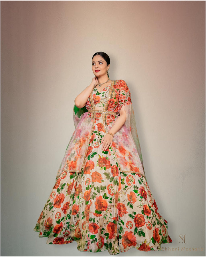 Tissue floral embroidery lehenga