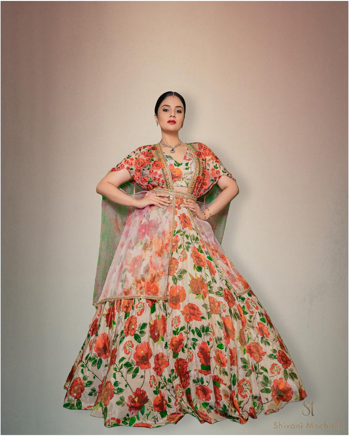 Tissue floral embroidery lehenga