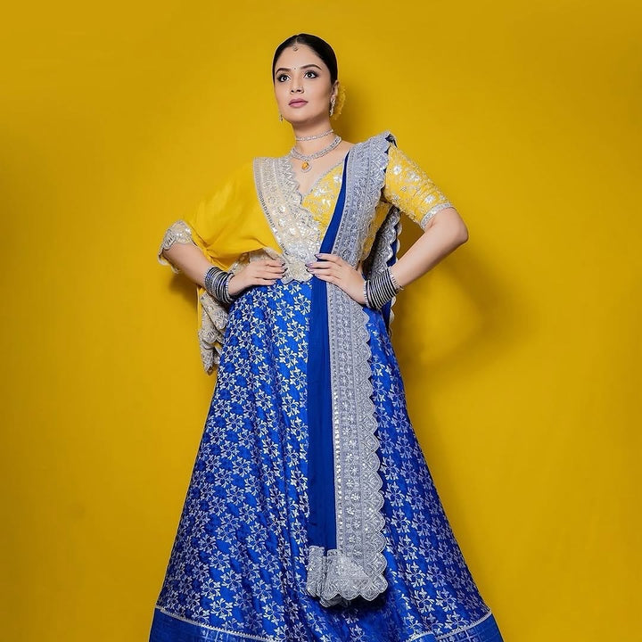 Yellow and Blue Embroidery Benaras lehenga