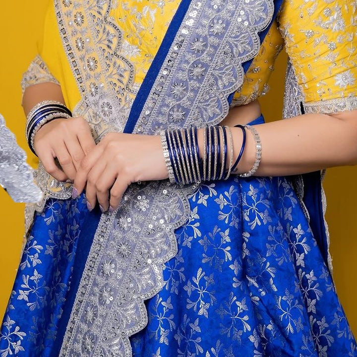 Yellow and Blue Embroidery Benaras lehenga