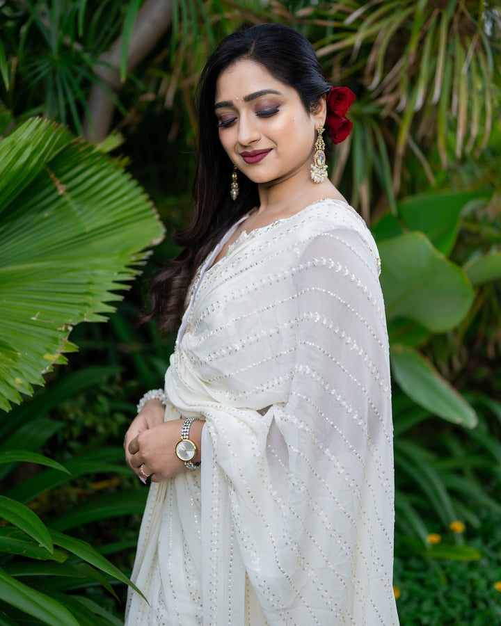 Beige ruffle saree