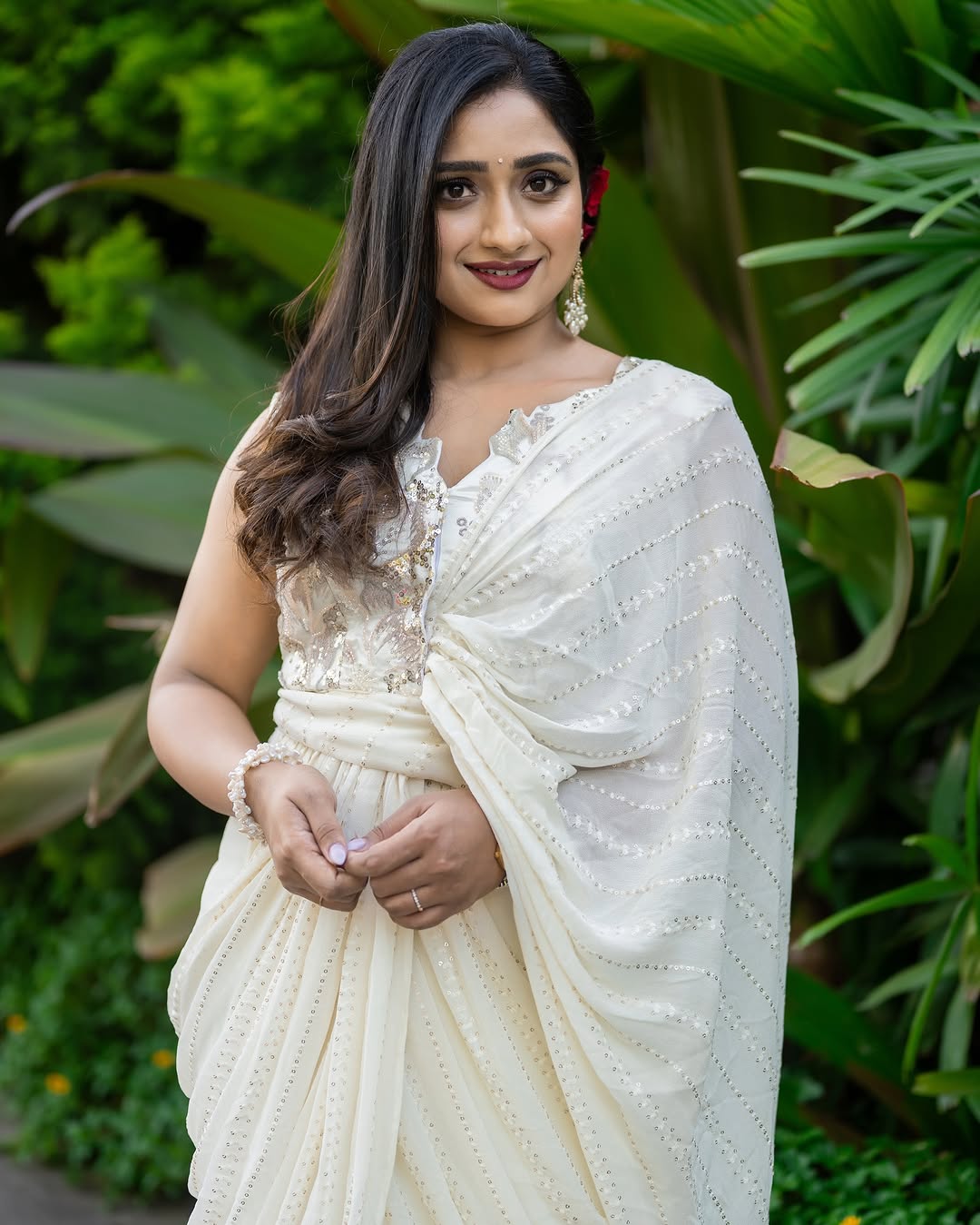 Beige ruffle saree