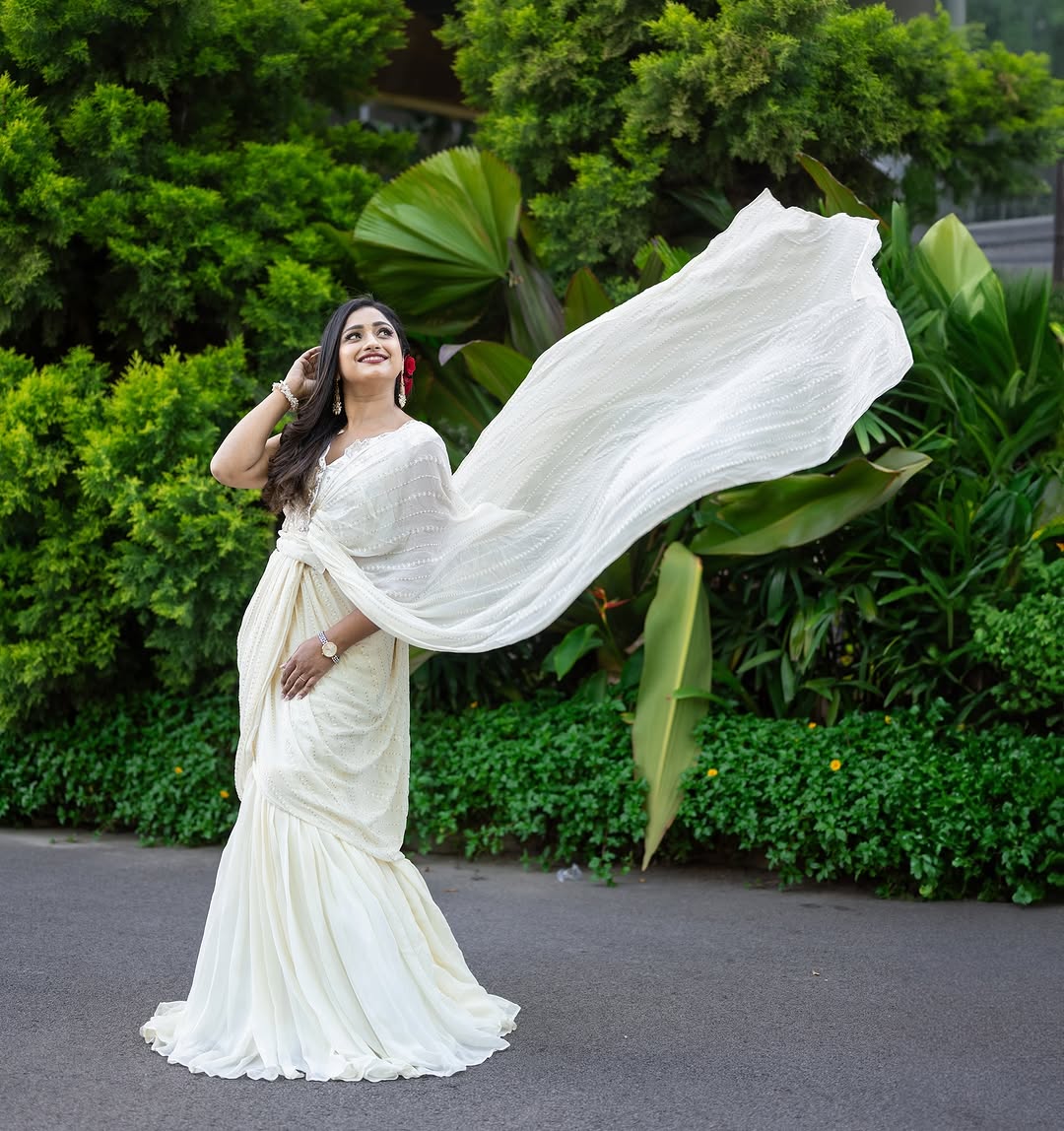 Beige ruffle saree