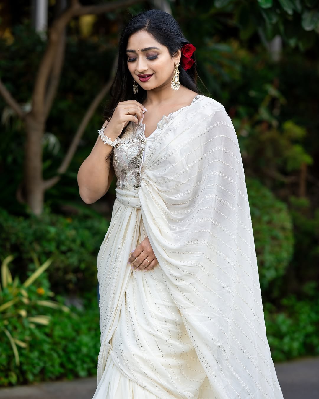 Beige ruffle saree