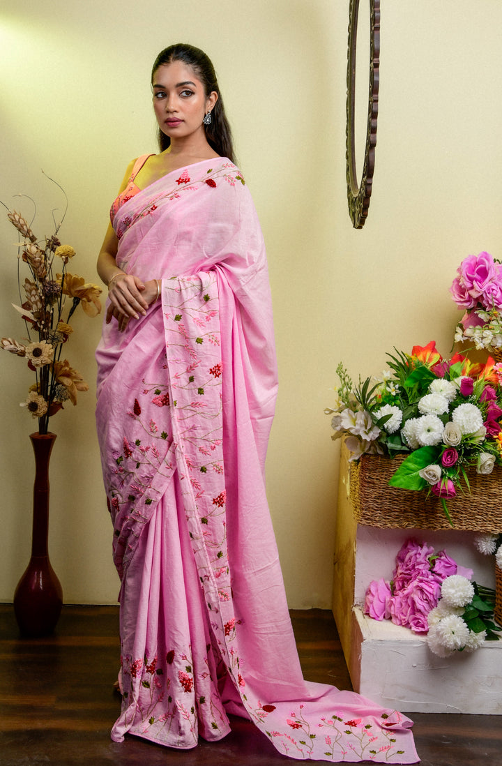 Pink Mul cotton embroidery saree