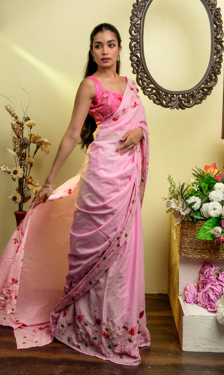 Pink Mul cotton embroidery saree