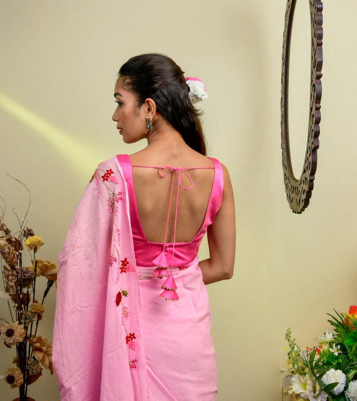 Pink Mul cotton embroidery saree