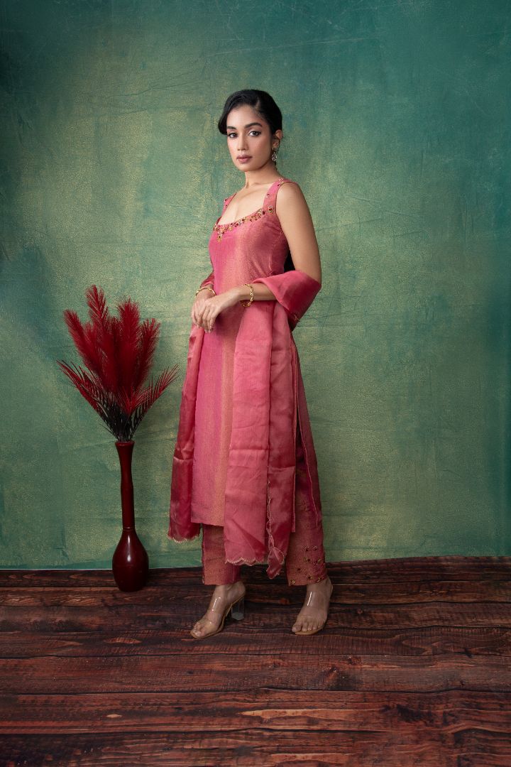 Peach Tissue embroidery dress