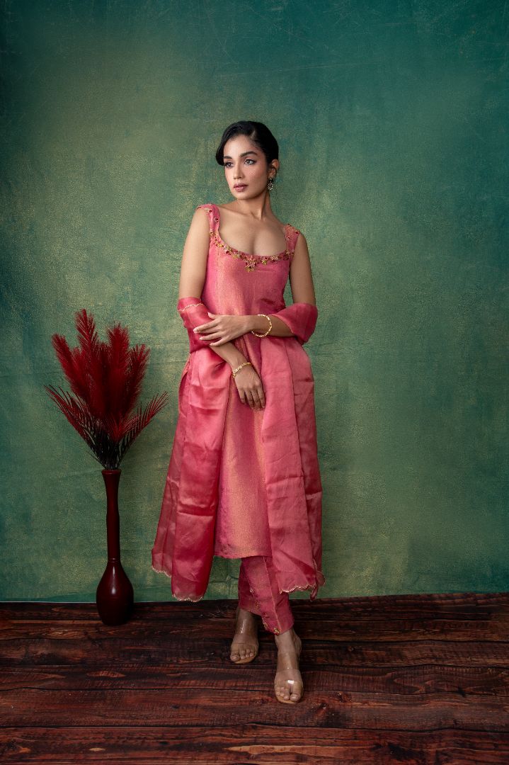 Peach Tissue embroidery dress