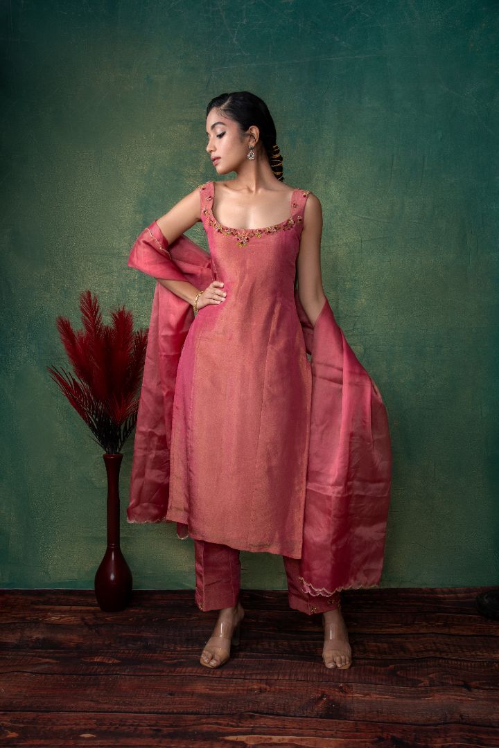 Peach Tissue embroidery dress
