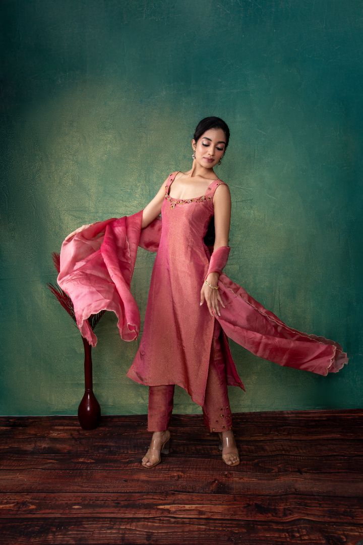 Peach Tissue embroidery dress
