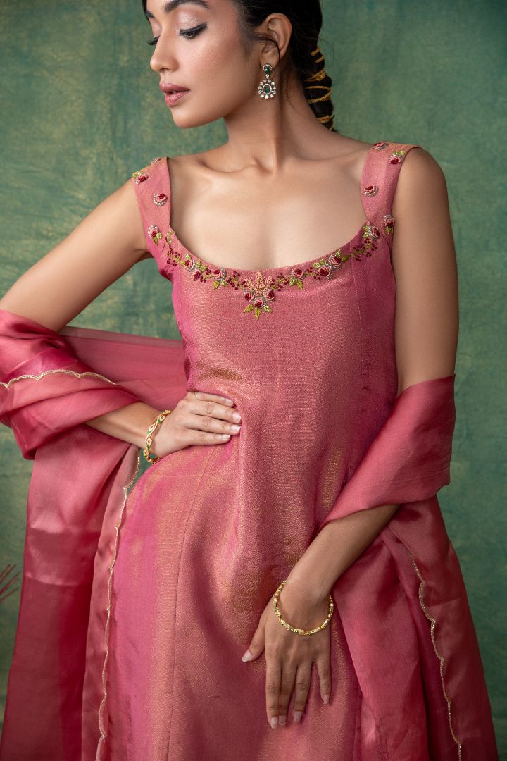 Peach Tissue embroidery dress