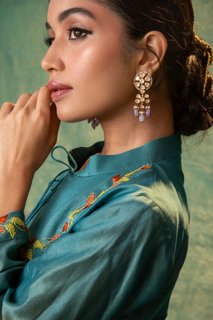 Teal chenderi embroidery kurta and pants