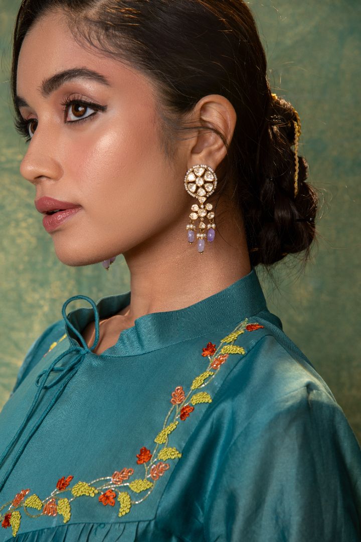 Teal chenderi embroidery kurta and pants