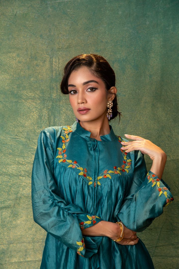 Teal chenderi embroidery kurta and pants