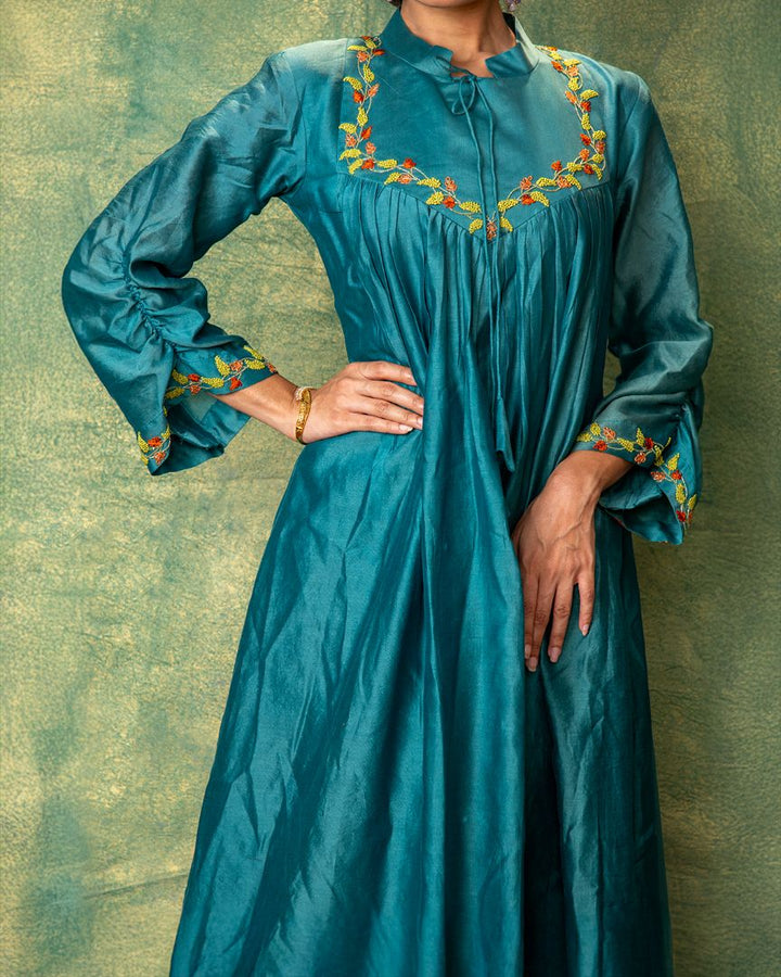 Teal chenderi embroidery kurta and pants