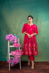 Reddish pink floral embroidery kurta and pants