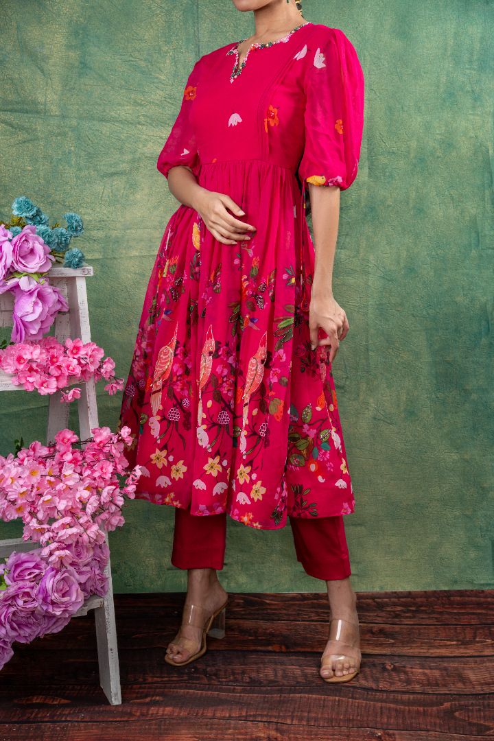 Reddish pink floral embroidery kurta and pants