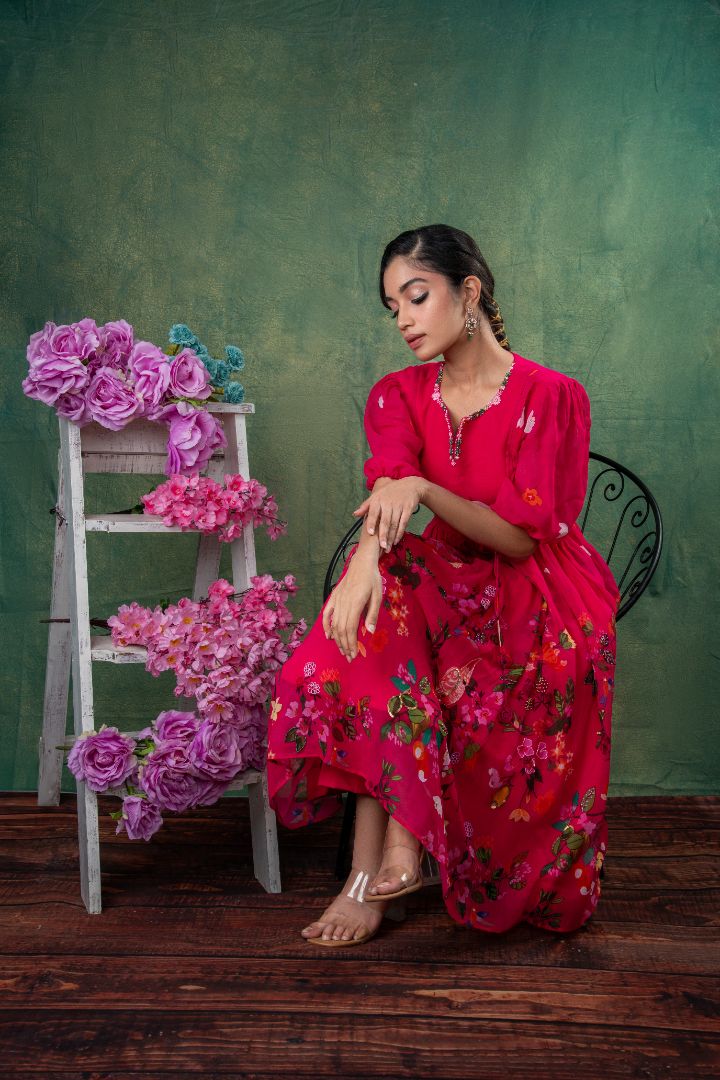 Reddish pink floral embroidery kurta and pants