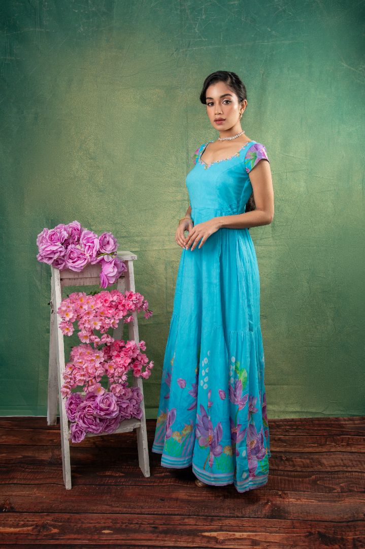 Sky blue floral embroidery dress