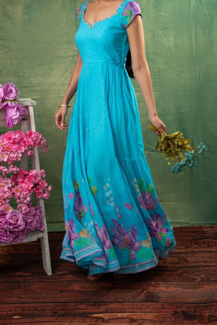 Sky blue floral embroidery dress