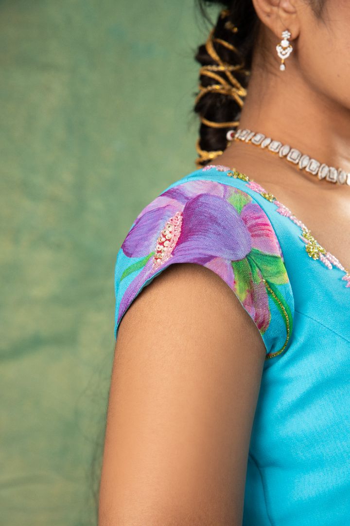 Sky blue floral embroidery dress