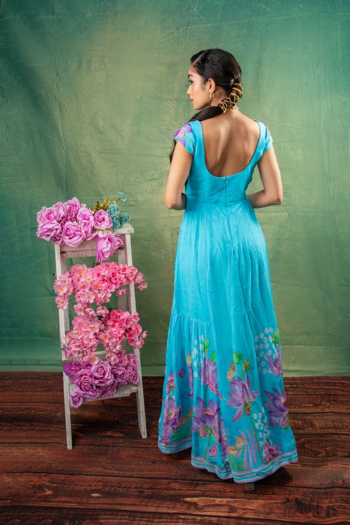 Sky blue floral embroidery dress