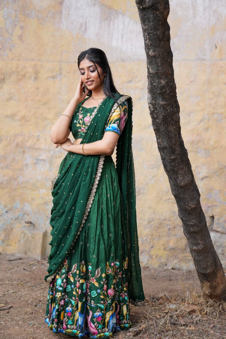Green kalmkari lehenga