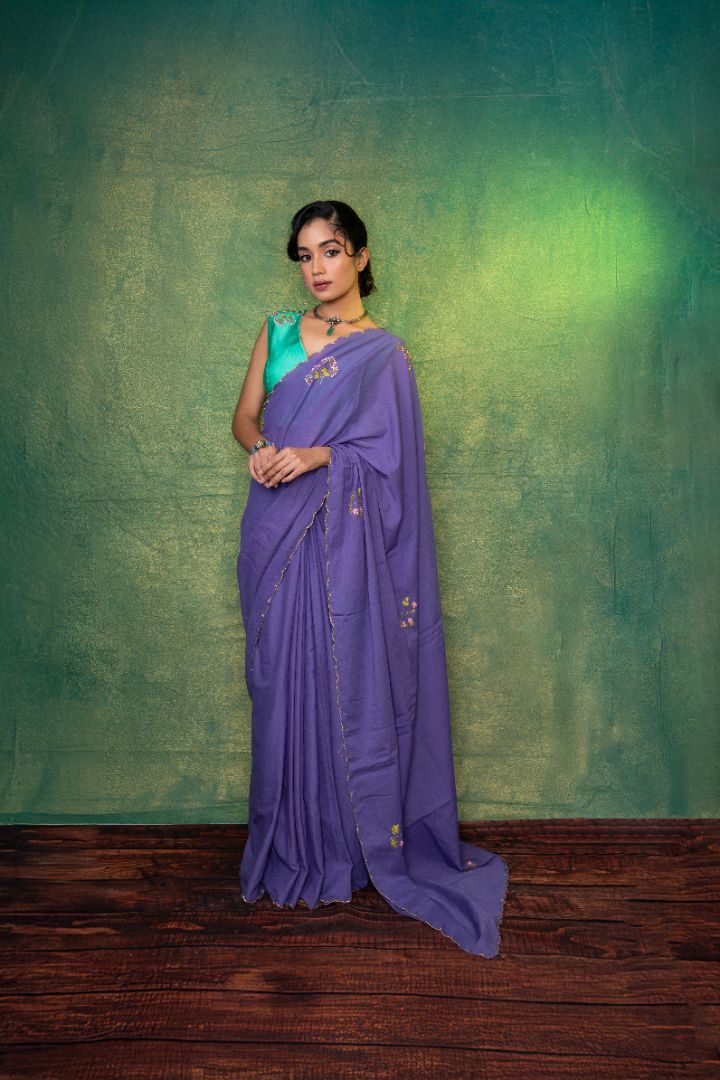 Lavender mul cotton embroidery saree