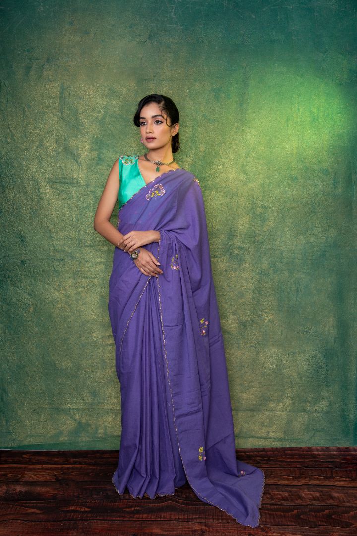 Lavender mul cotton embroidery saree