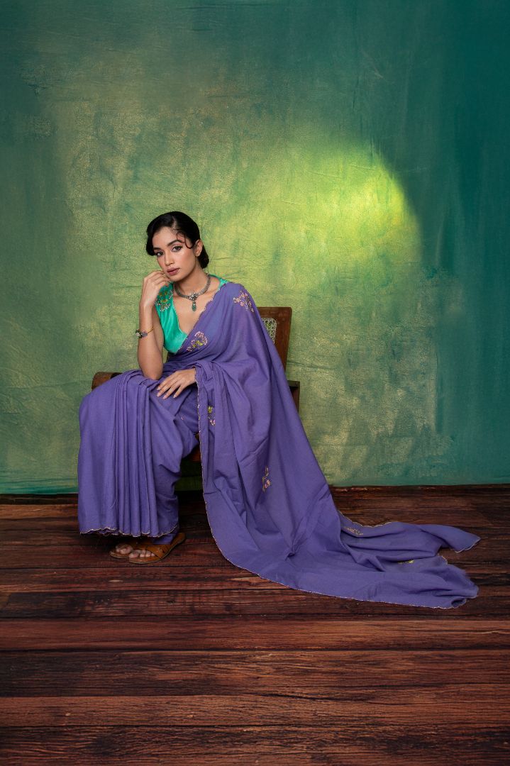 Lavender mul cotton embroidery saree