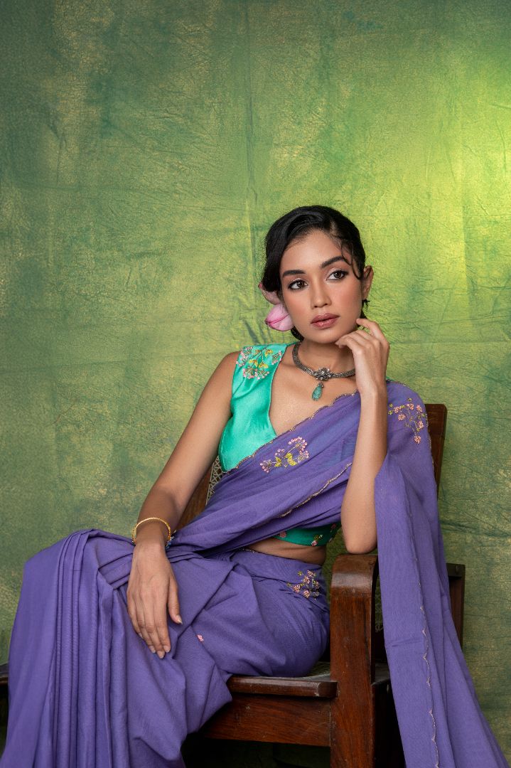 Lavender mul cotton embroidery saree