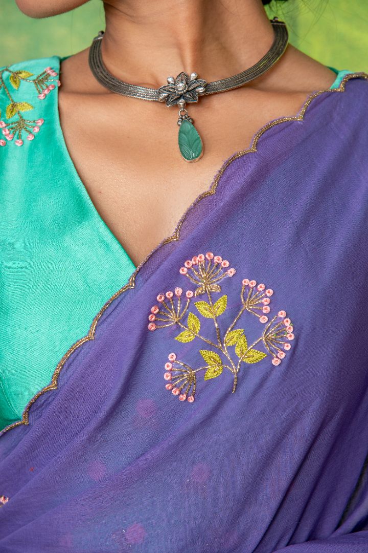 Lavender mul cotton embroidery saree