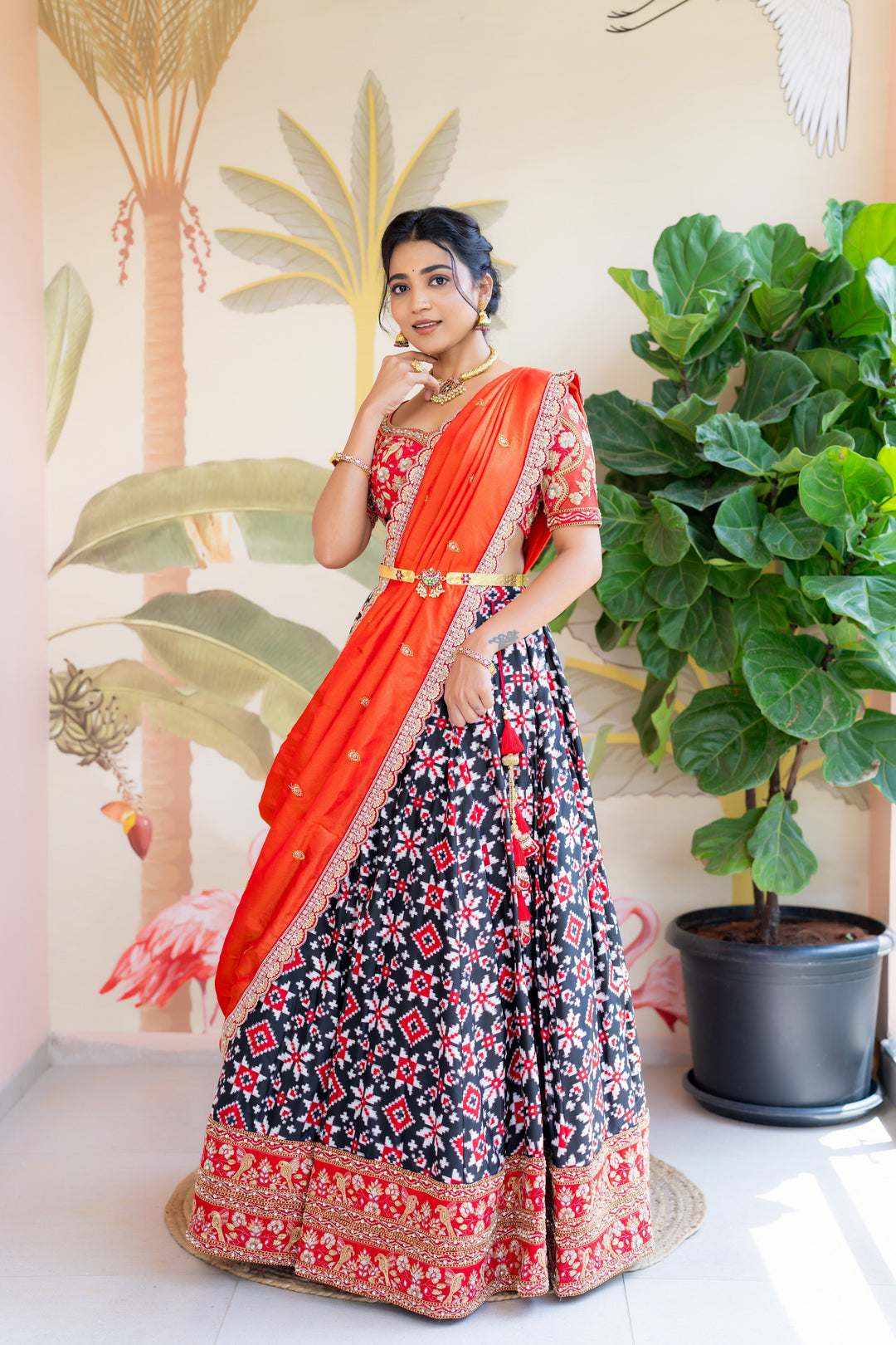 Red and Black Teliya Rumal Bridal Half Saree