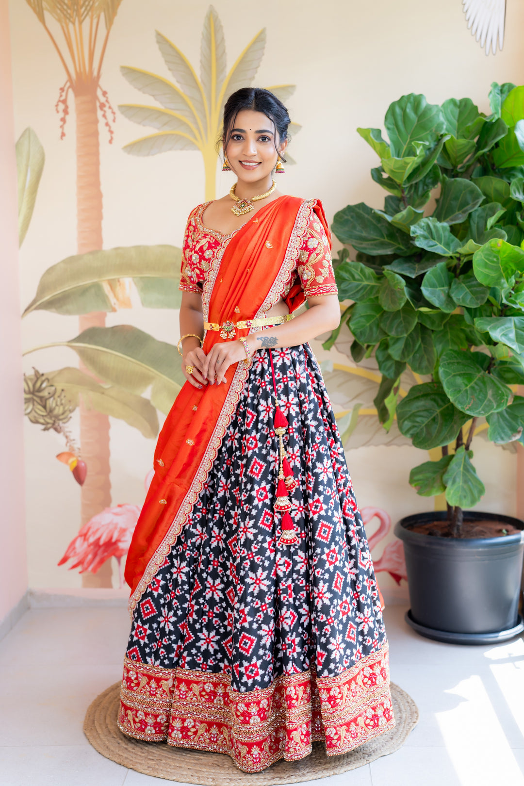 Red and Black Teliya Rumal Bridal Half Saree